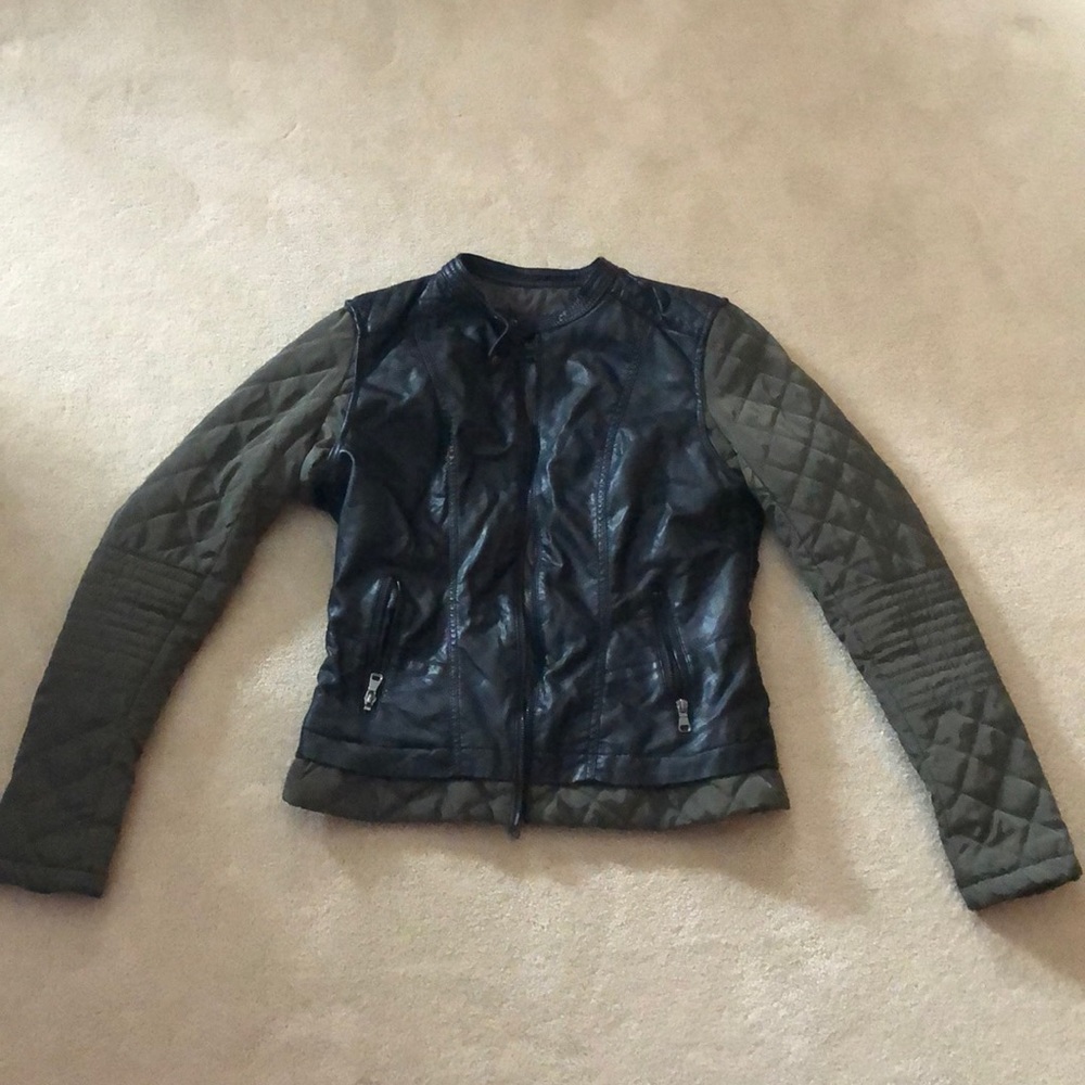 Faux Black Leather and Green Sleeve Biker Jacket